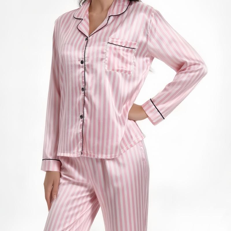 Autumn Winter Striped Pajamas Set for Women Sleepwear Long Sleeve Button Top and Long Pants Set Homewear Loungewear