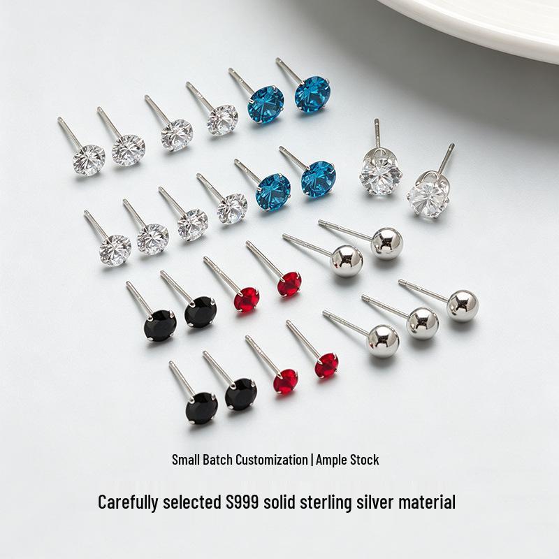 Sterling Silver S999 Zirconia Stud Earrings for Women - Simple, Versatile, and Sleep-Friendly