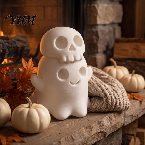 Small Halloween Collectibles 3D Printed Cute Ghost Skull Figurine, Stacked on Shelf Display Figurines Statue, Spooky Desktop Ornament, Fun Holiday