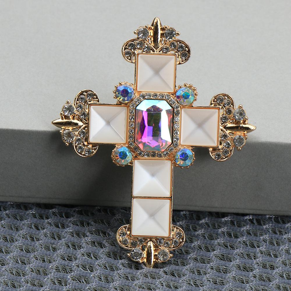 Vintage Glamorous Rhinestone Cross Brooch with Teardrop & Square Accents - Golden-Tone Metal Unisex Corsage Pin for Suits, Dresses, Christmas, Graduat