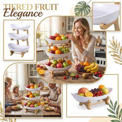 Three Tier Plastic Fruit Tray Stand with Wooden Frame Multi Layer Household Candy Snack Storage Rack for Living Room Kitchen