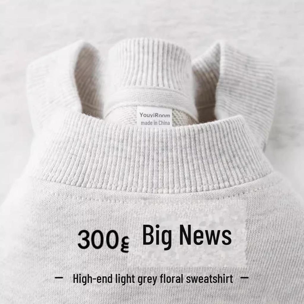 Unisex Heavyweight Cotton Sweatshirt, 300g, Long-Sleeve, Round Neck, Plus Velvet, Solid Color.