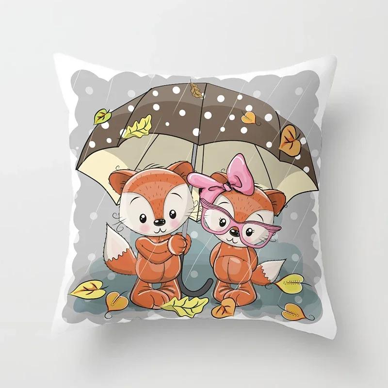 Cute Cartoon Fox Animal Print Pattern Cushion Cover Home Living Room Sofa Decor Square Polyester Throw Pillow  x