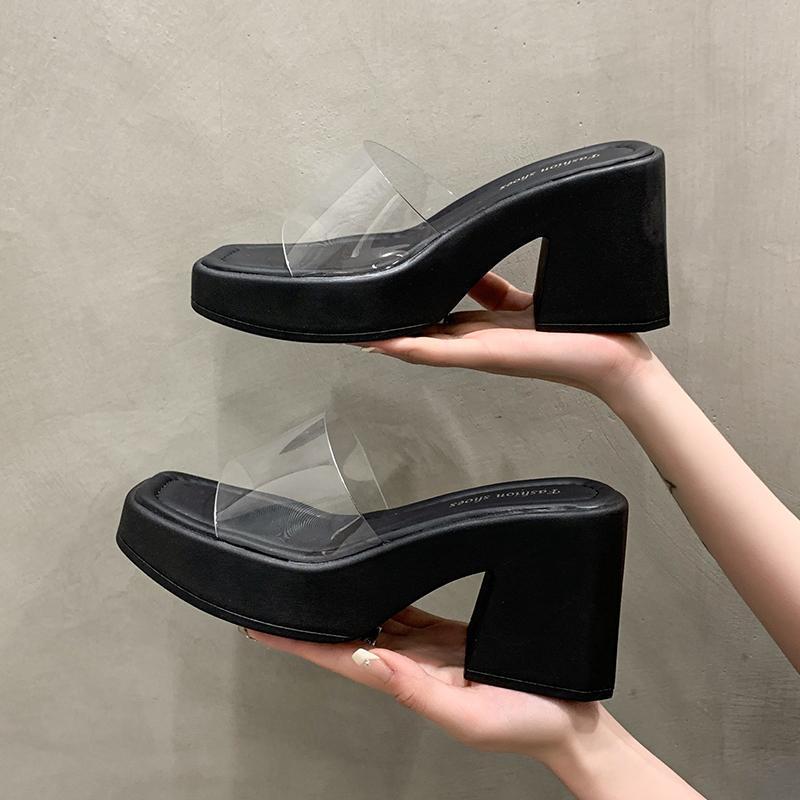 French high heel with skirt fairy style one-word slippers women's outer wear 2025 summer new transparent with thick heel sandals