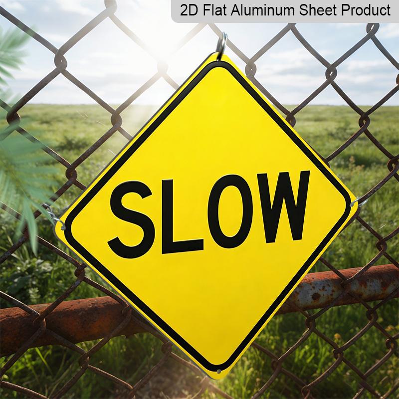 2D Flat, 1pc, "SLOW" Aluminum Warning Sign, Heavy Duty Weatherproof Metal Plaque, Slow Down Traffic Control Sign for Driveway, Street, Neighborhood