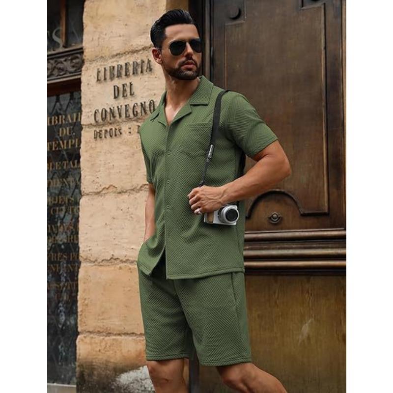 Summer Pocket casual texture beach short-sleeved button-down knitted sweater and shorts set