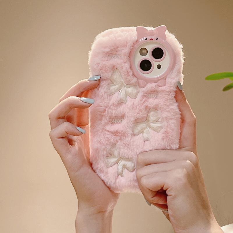 Morbida Peluche Soffice Fiocco Maialino Carino e Cuore Custodia per Telefono Per iPhone 17 16 Pro Max Custodia 15 14 Plus 13 12 11 Cartone Animato Calda Invernale Pelliccia Pelosa Copertura Shell