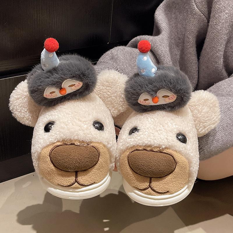 Bear Cotton Slippers Women's Autumn and Winter 2025 New Indoor Home Plush Cartoon Thick Bottom Stepping On Shit Feeling Warm Cotton Mop