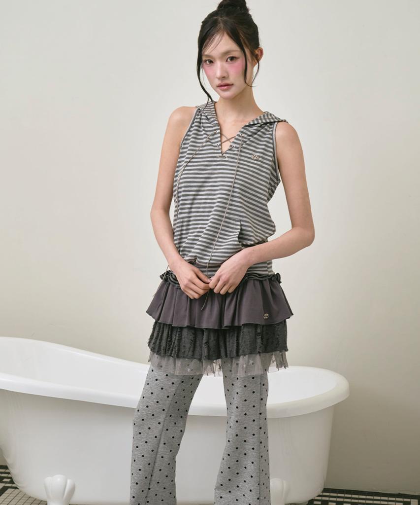THE GREEN LAB Striped Glam Hooded Sleeveless Top [Light Gray]