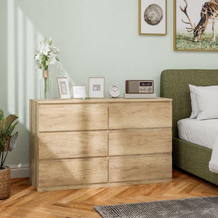 Commode - HOMCOM - 6 tiroirs meuble rangement épuré style moderne chambre salon - bois - 120x39x75cm - chêne