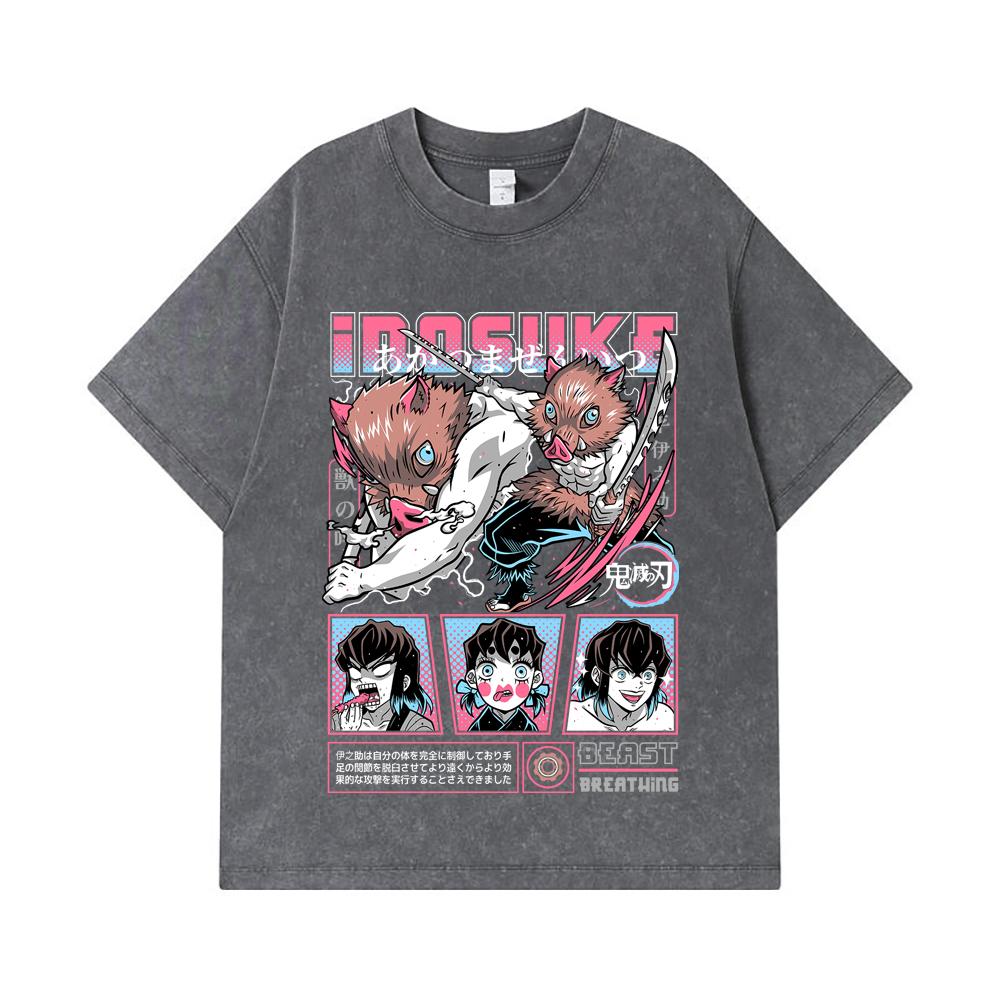 275 GSM Washed T-shirts 100% Cotton Demon Slayer V28 Inosuke Print Unisex Heavy Cotton T Shirt
