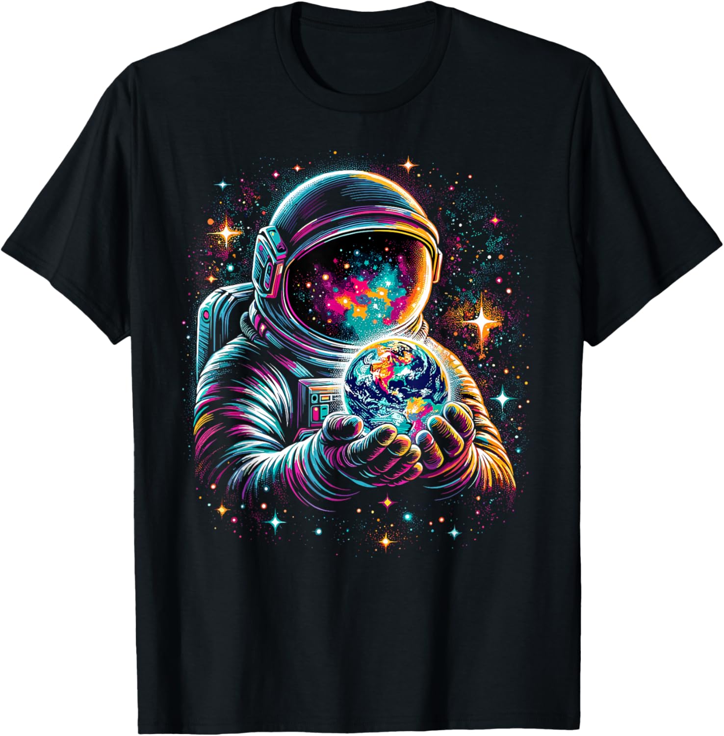 

Astronaut Holding Earth Graphic Tee Retro Space Constellation Print Men Casual Trip T-Shirt 4XL