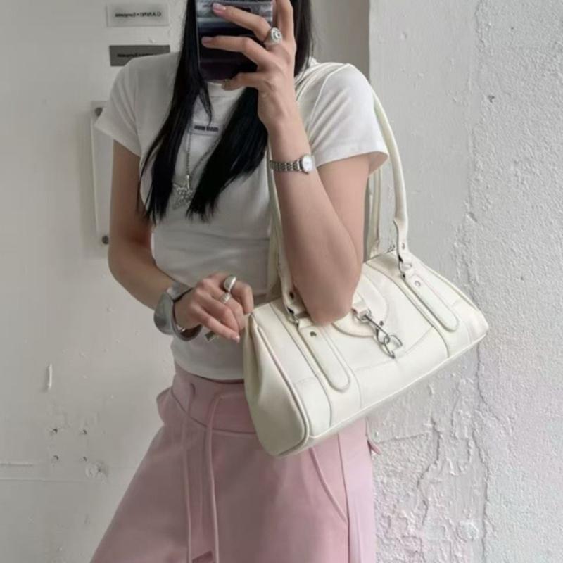 Retro Lock Shoulder Bag, Large Capacity Bost Underarm Bag Women's Fashi Versatile Handbag Solid Color Simple Commuter Bag