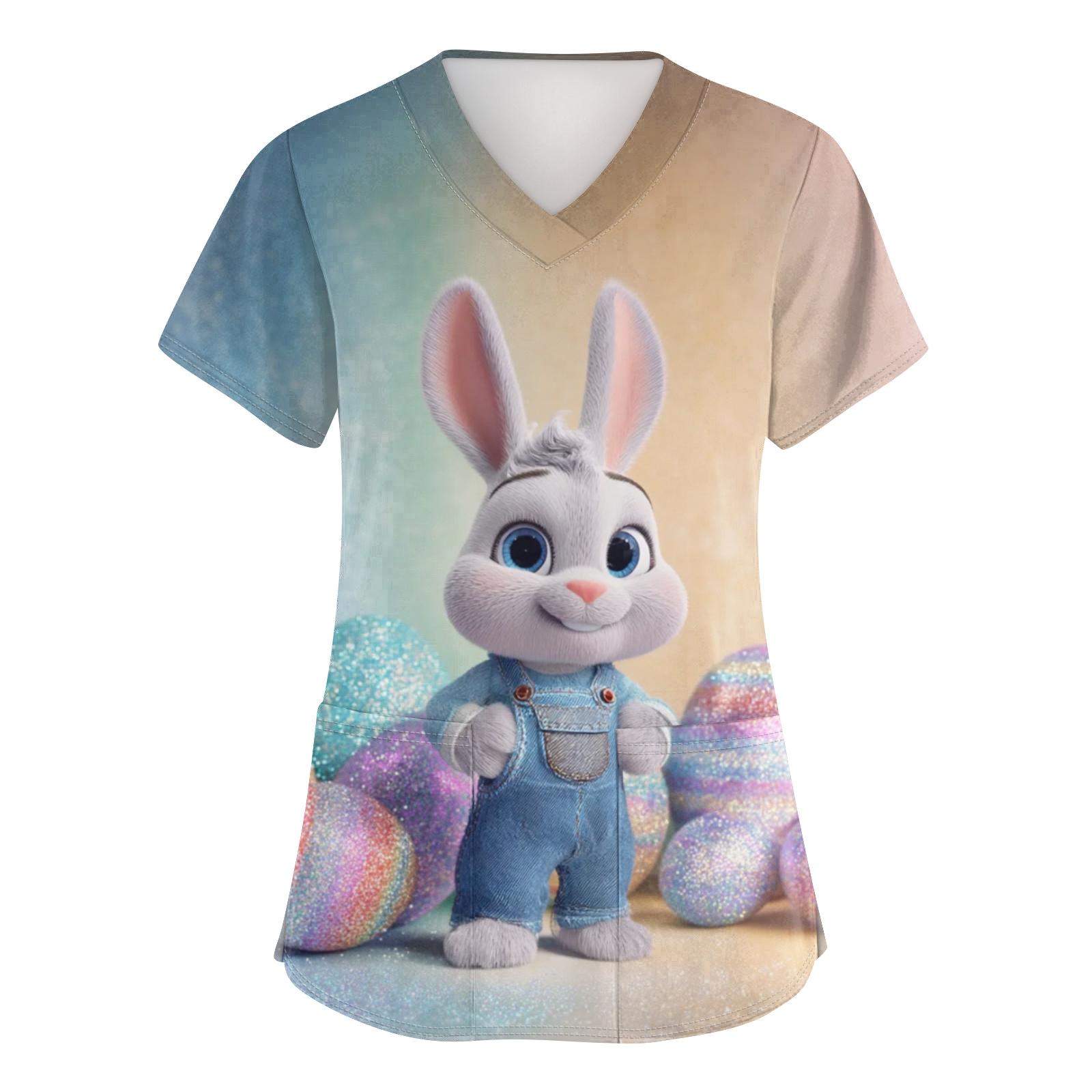 

Women s V-neck Cartoon Printed Short-sleeved Pocket Side-slit Protective Suit Top L синий