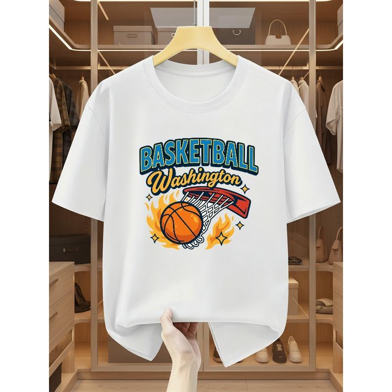 European sizes Men S T-Shirts Basketball Washington Print Short Sleeve Tee, Athletic Style Basketball Element Design ,Casual Short-Sleeved T-Shirt 2XL белый