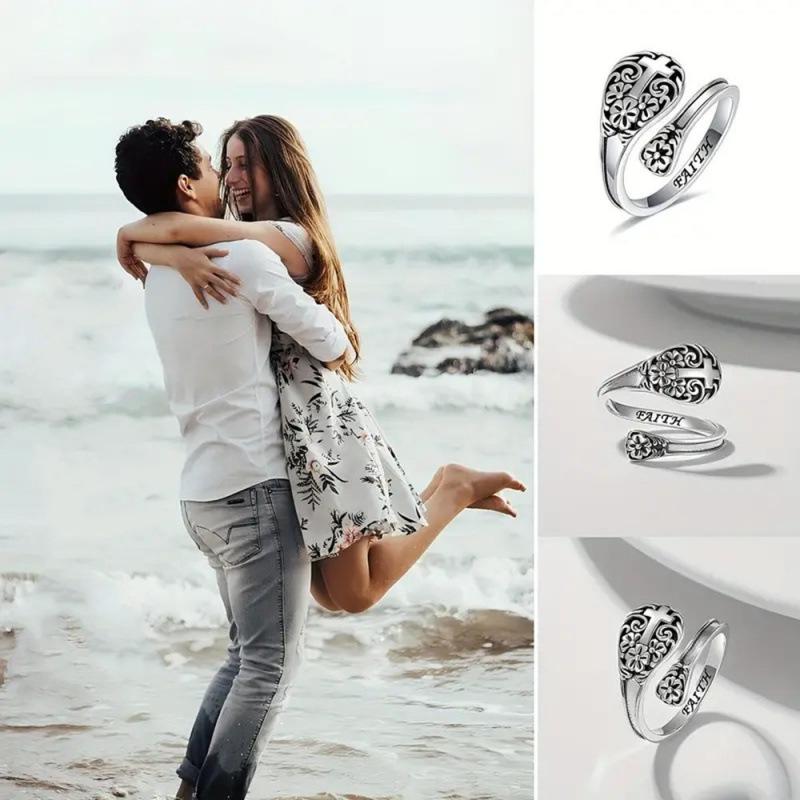 European Retro Cross Adjustable Ring with 3D Embossed Flowers
