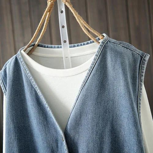 Women's Vintage Loose Casual Sleeveless Vest Solid Color Simple Button Pocket Denim Jacket