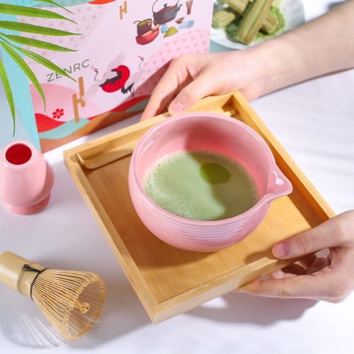 ZENRC Ceremonial Pink Matcha Kit - Traditional Bamboo Matcha Whisk, Scoop, Tea Bowl with Spout, Whisk Holder, and Sieve Tea Tray - Perfect Matcha Set