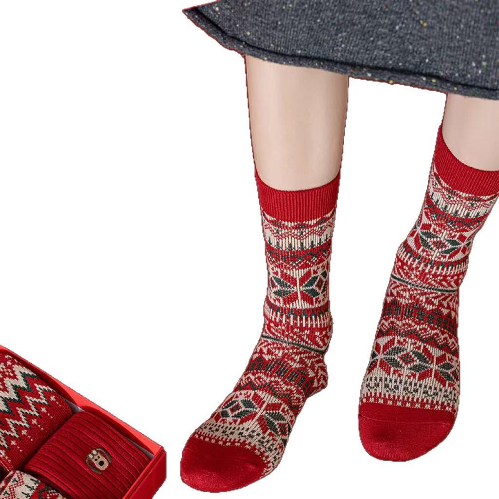 Double Needle Double Way Wool Red Socks Medium Socks Boneless New Year'S Wedding Socks Gift Box Set Big Red Embroidery
