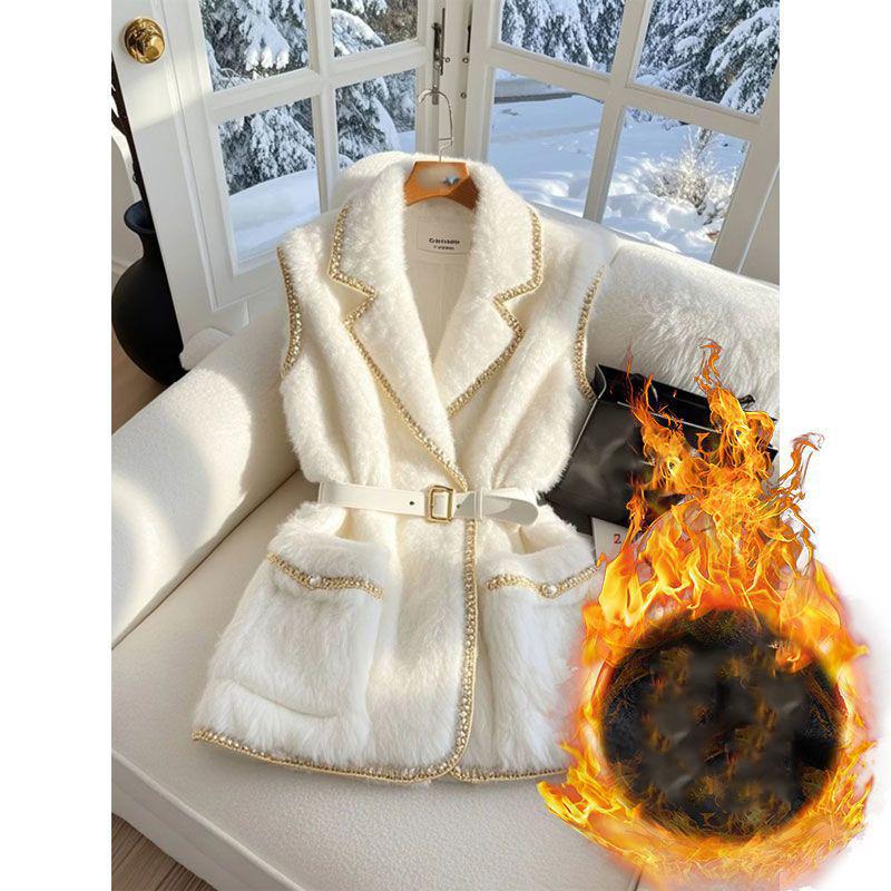 Winter Verdickt Pelzhaar Blazer Weste Jacke Goldene Seidenkante Damen Elegant Weiß Ärmellos Mantel Formell Dame