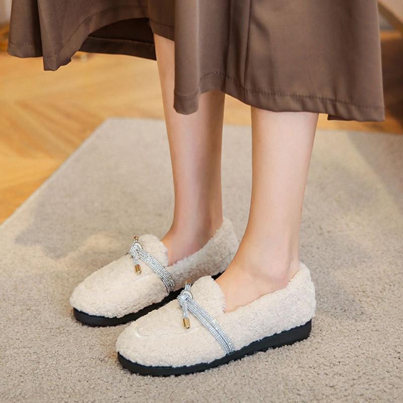 Fashion Luxury Crystal Bow Decoration Brand Designer Shoes Comfortable Flurry Loafers Women Winter new Warm Non-slip Flat Casual Shoes