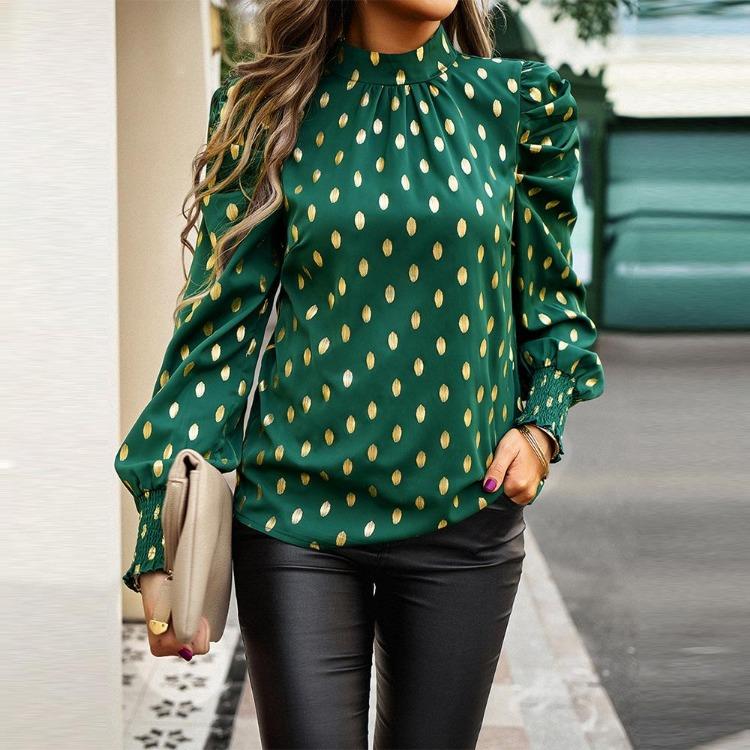 Women Loose Printed Blouses Long Sleeve Round Neck Commuting Autumn Winter