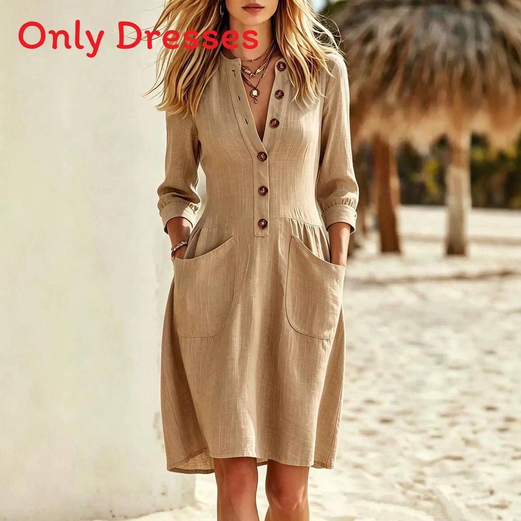 Style V Neck Button Pocket Loose Dress For Casual Travel And Outing
