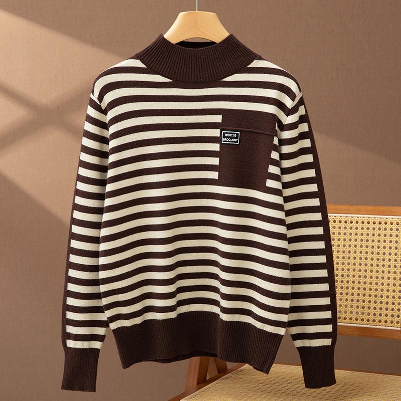 

Женский пуловер 2025 года в корейском стиле, вязаный, в полоску, с полувысоким воротником XXL кофейный