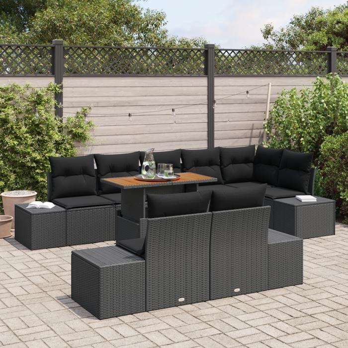 VidaXL Ensemble 9 pièces avec coussins Noir Poly Rattan Acacia 3349981