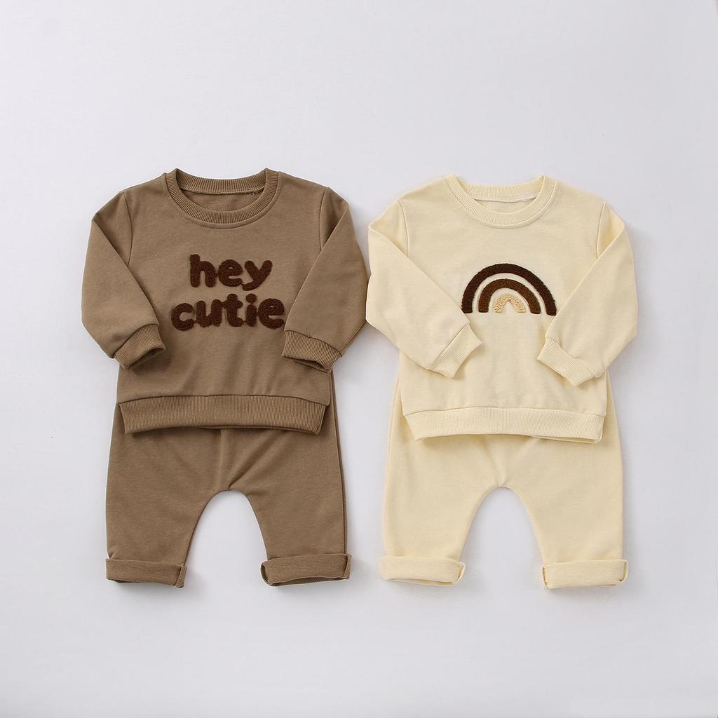 2025 Frühling/Herbst Europäischer & Amerikanischer Stil Regenbogen Rundhals Kleinkind Baumwoll-Pullover & Lange Hosen Set