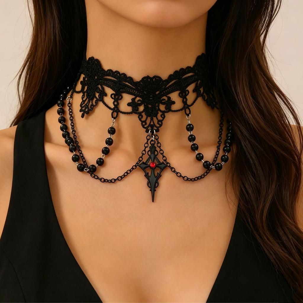 Gothic Black Lace Chain Cross Necklace Choker