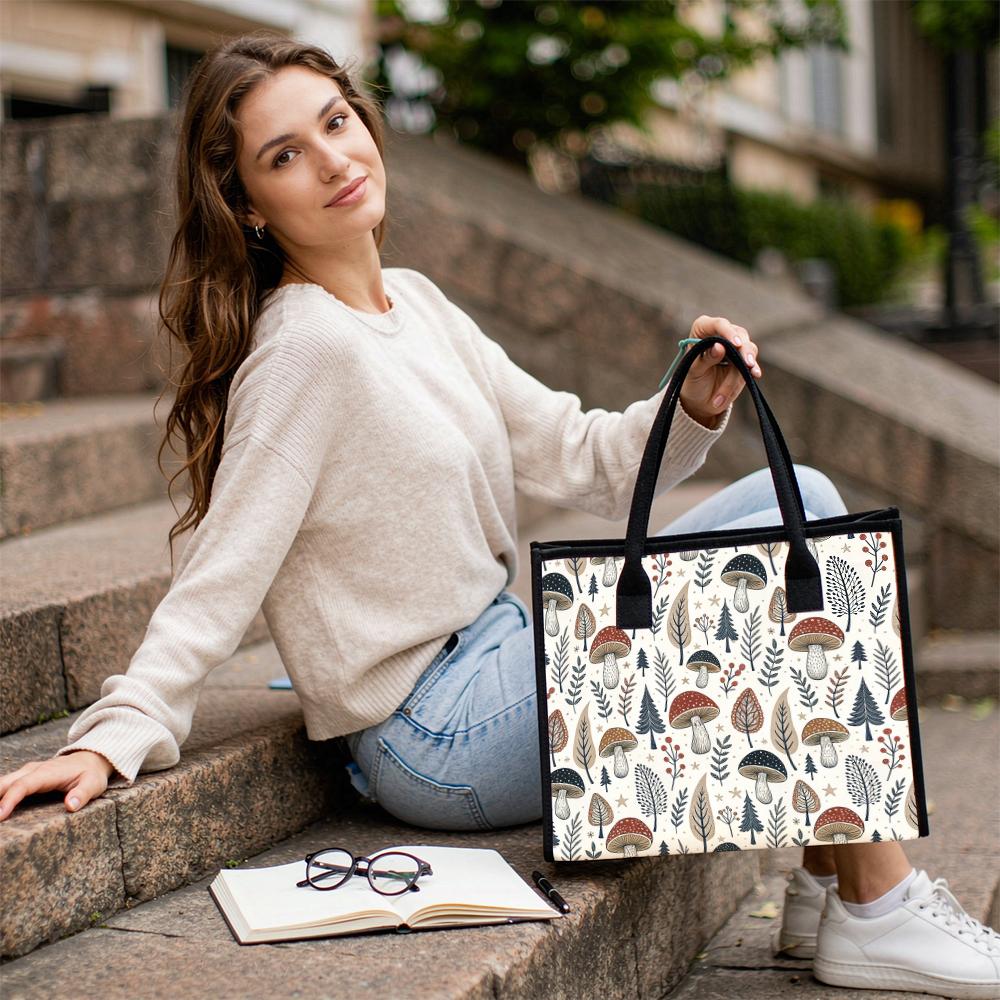 Cute Mushroom Print Casual Tote Bag Lightweight Portable Daily Use Shopping Shoulder Handbag For Women