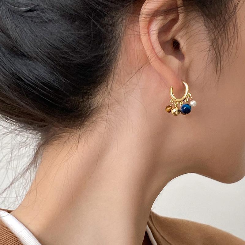 Mallard Color Block Beaded Hoop Earrings Women Brown Stone Pearl Retro Luxury Elegant Design Ear Accessories Commute Daily Gift