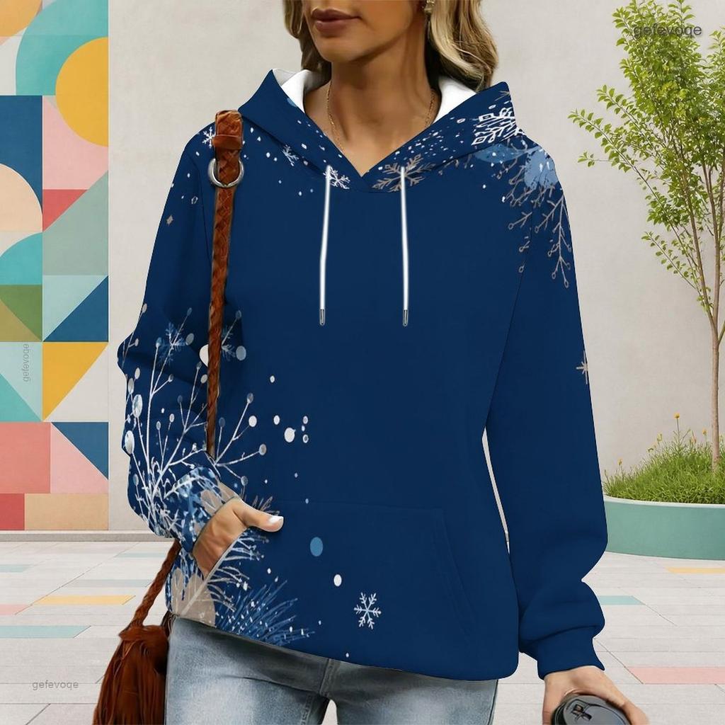 Women Plus Size Navy Snowflake Printed Long Sleeve Drawstring Hoodie Kangaroo Pocket Pullover