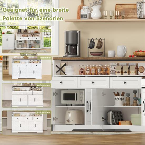 Buffet Sideboard 140cm with Storage Space, Coffee Bar with 3 Drawers, Country Style Console with Doors, Cupboards with Shelves, Suitable for Kitchen,