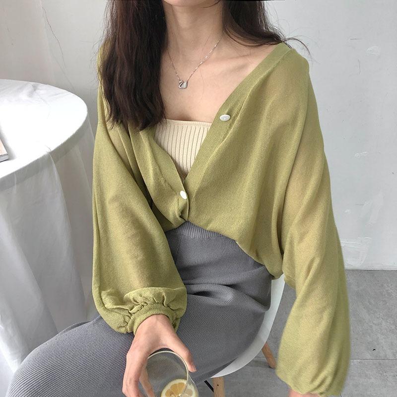 

Солнцезащитный вязаный кардиган женский весна лето новый с длинным рукавом V-образным вырезом тонкая куртка маленькая рубашка свободный короткий топ average size