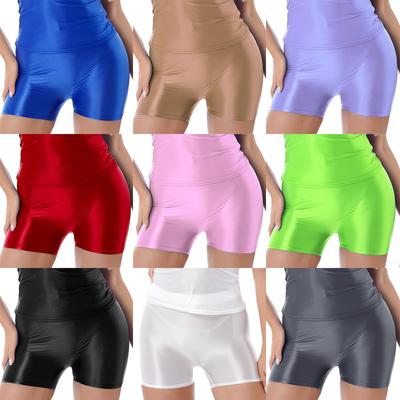 Womens Glossy Mid Waist Shorts Elastic Waistband Short Leggings Yoga Shorts