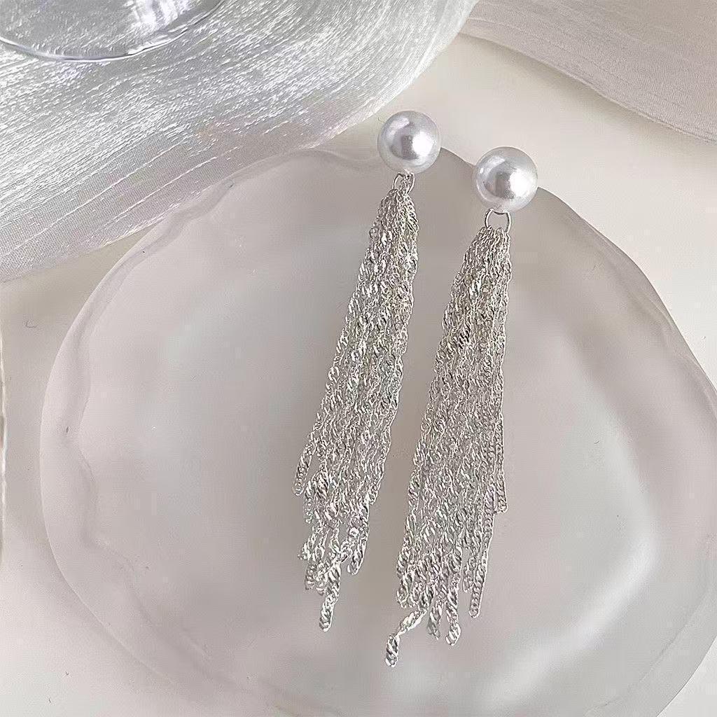 Elegant French Long Pearl Tassel Drop Earrings: Exquisite Design for Square & Round Faces