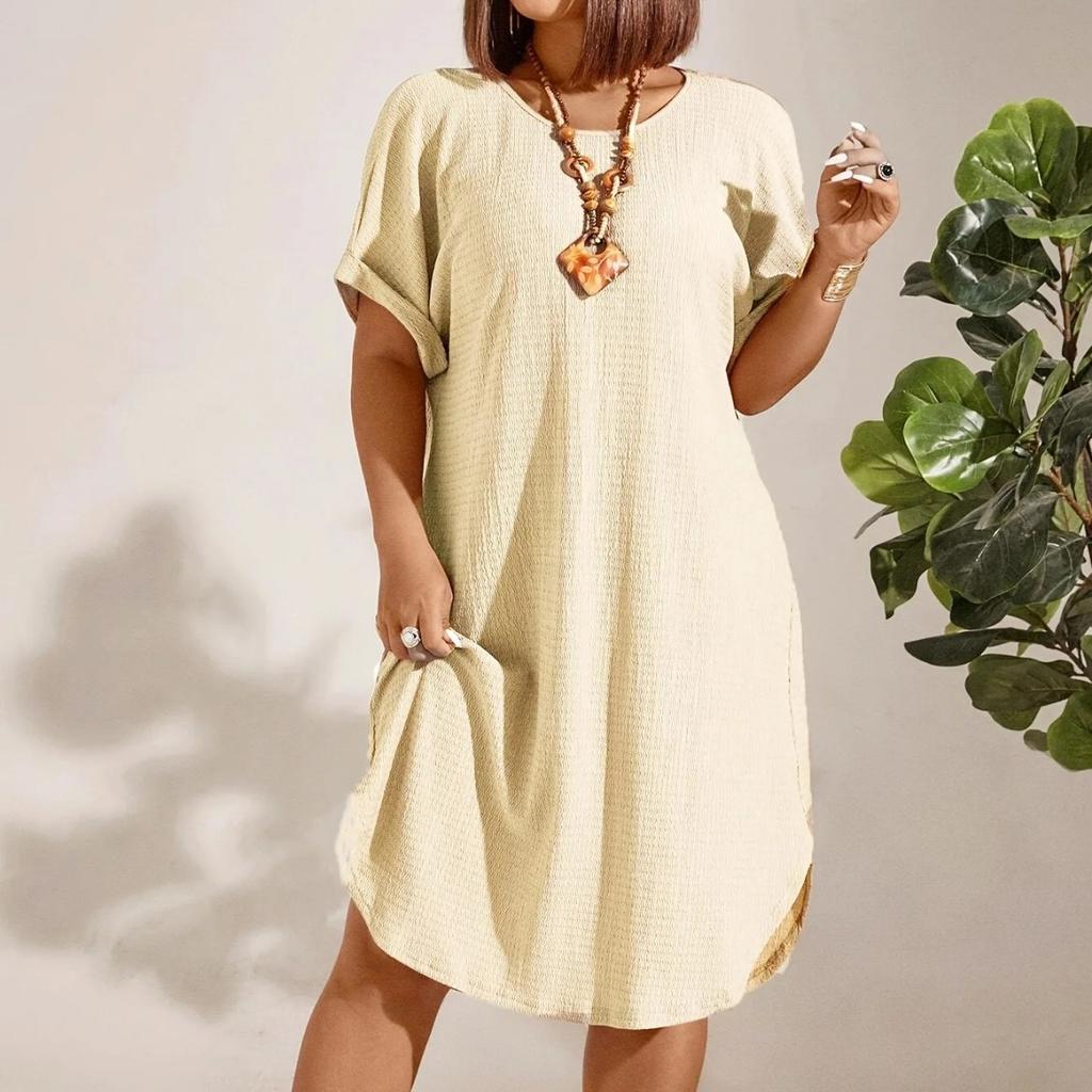 European and American Large-size Women's Clothing New Short-sleeved Solid Color Dress