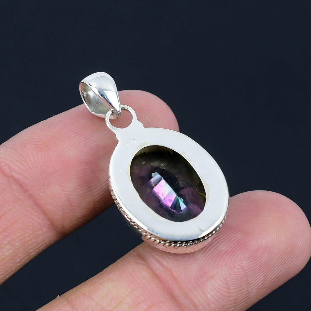 Natural Mystic Topaz Gemstone, 925 Sterling Silver, Multicolor Gemstone, Handmade Bezel Set Pendant Jewelry, Valentine's Day Gift For Love