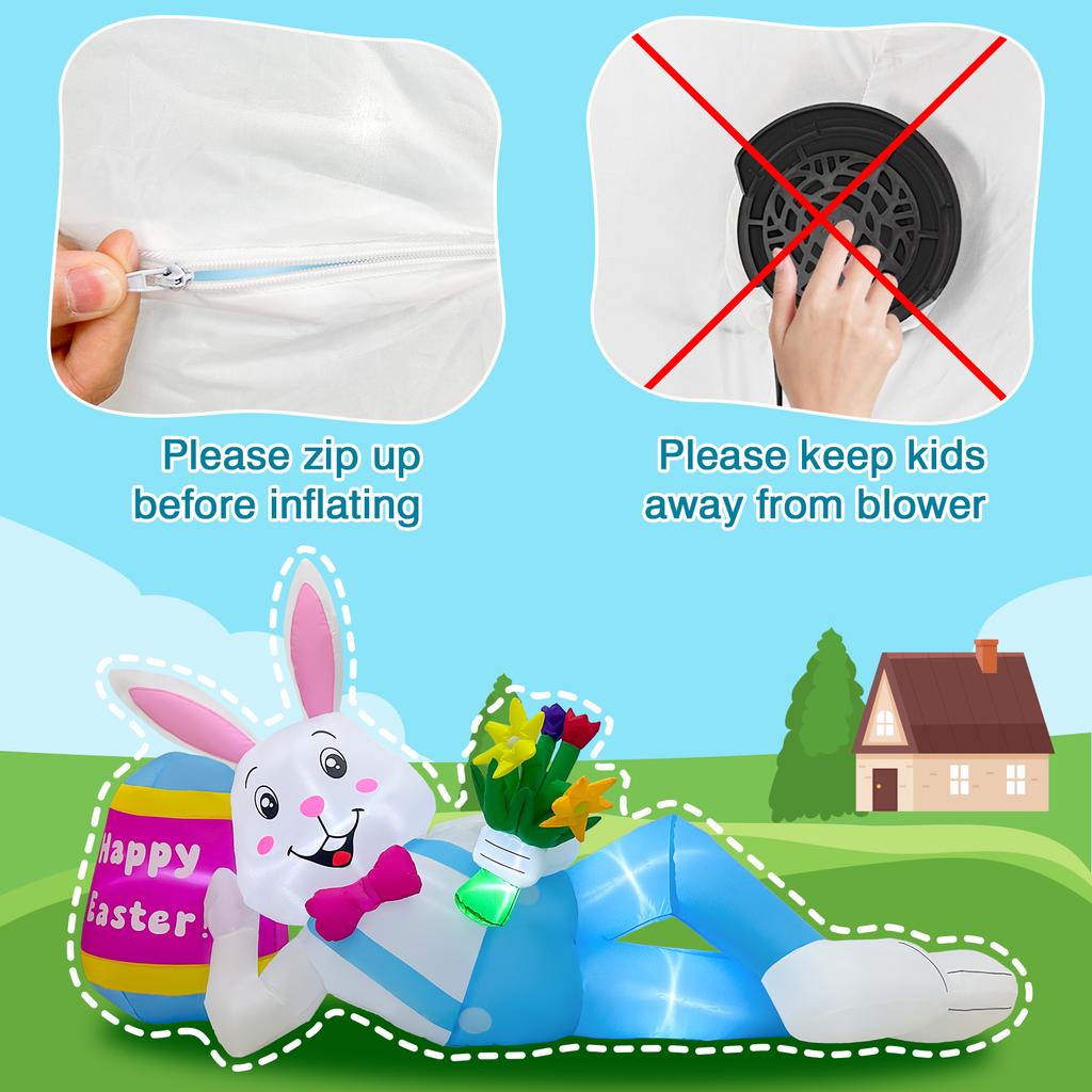 6.5ft Giant Inflatable Easter Bunny with LED Lights Outdoor Decoration - Blow Up Rabbit with Easter Egg and Flowers