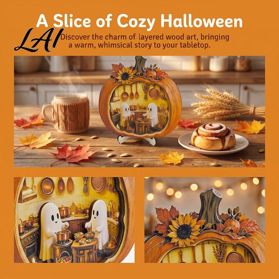 Halloween Pumpkin Decor Ghost Tabletop Sign Wooden House with Mini Unique Fall Party Table Centerpieces Scene Harvest Desktop Ornament for