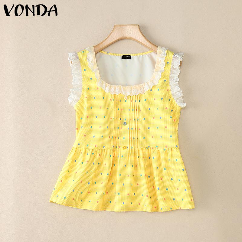VONDA Women Lace Patchwork Sleeveless Plaid Polka Dots Casual Tank Tops
