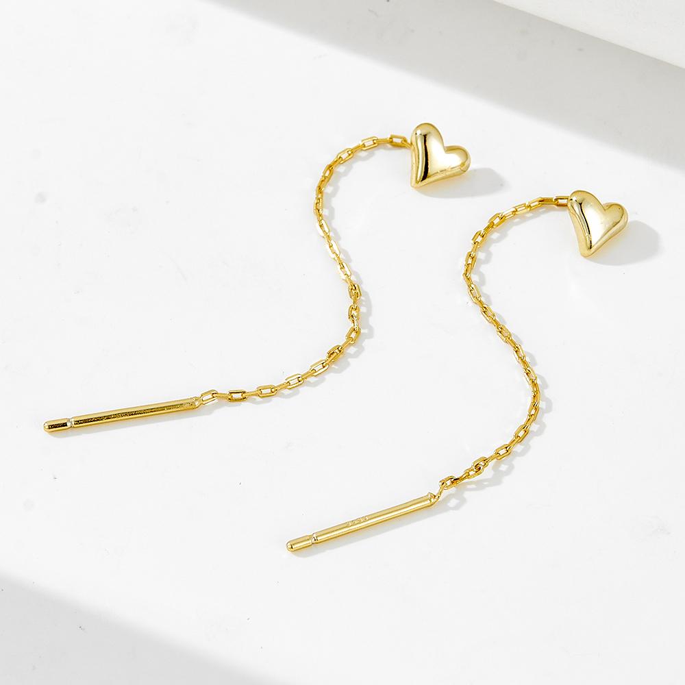 INS Fashion S925 Sterling Silver Gold Plated Long Heart Chain Threader Tassel Earrings Jewelry for Women