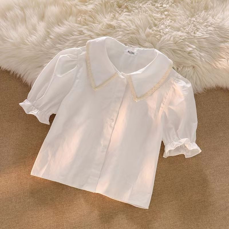 

Дизайнерская ниша короткая белая кружевная рубашка женская летняя пуховка с короткими рукавами с короткими рукавами сладкий и пряный корейский простой