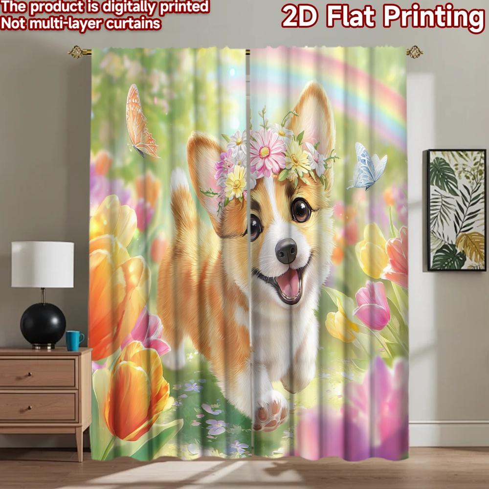 2D flat printing 2pcs Party Window Curtains Cute Corgi Flower Crown Butterflies Digital Printed Polyester Drapes Holiday