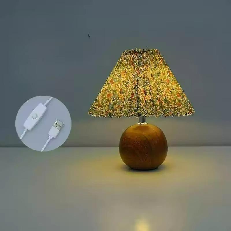 LED Bedside Table Lamp Cute Small Pleated Lamps for Nightstand Circular Walnut Ambient Light USB Bedroom Decoration Night Light