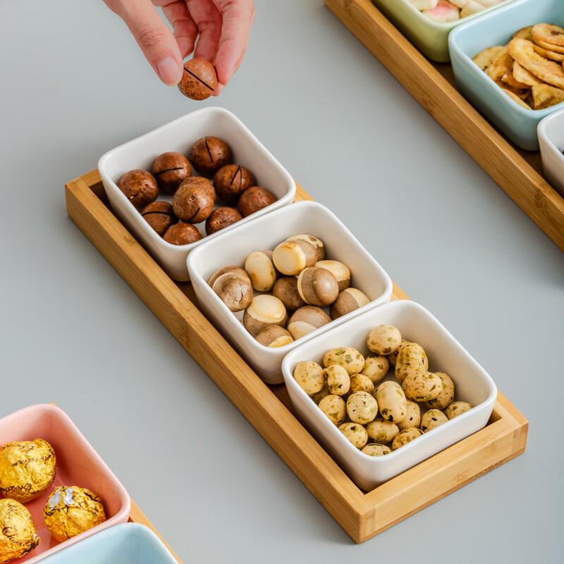 Ceramic Divided Snack Platter with Bamboo Tray