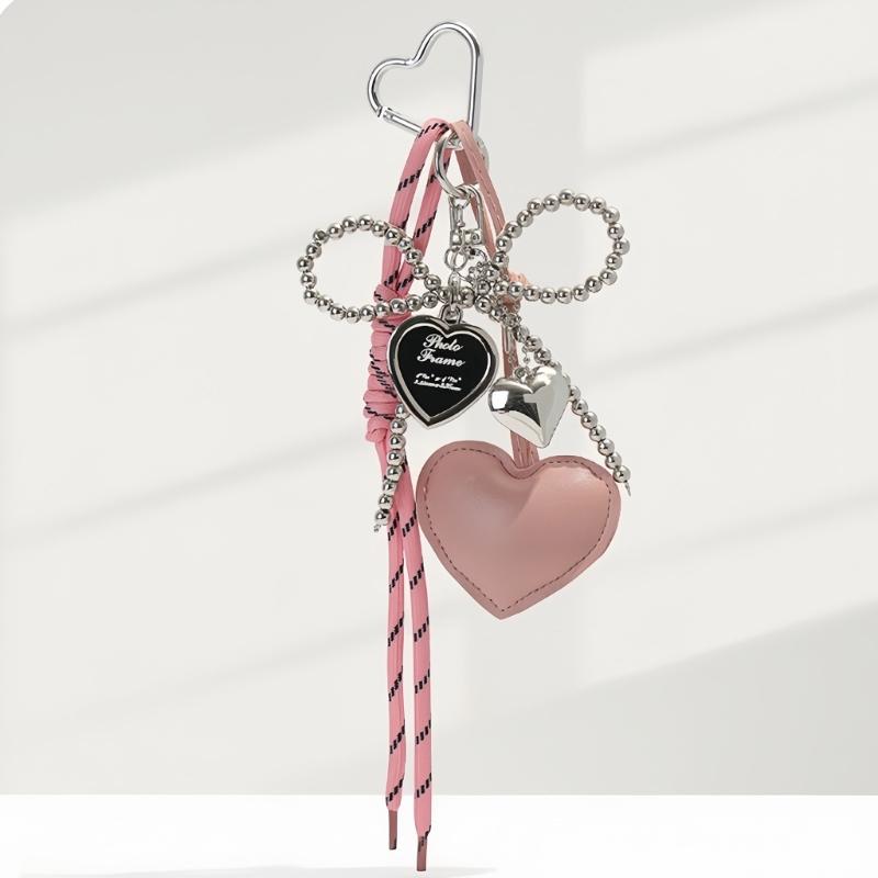 Gothic Silver Bead Bows Charm Heart Shaped Bag Accessory Fashion Bag Pendant Casual Keychain For Dark Style Lover