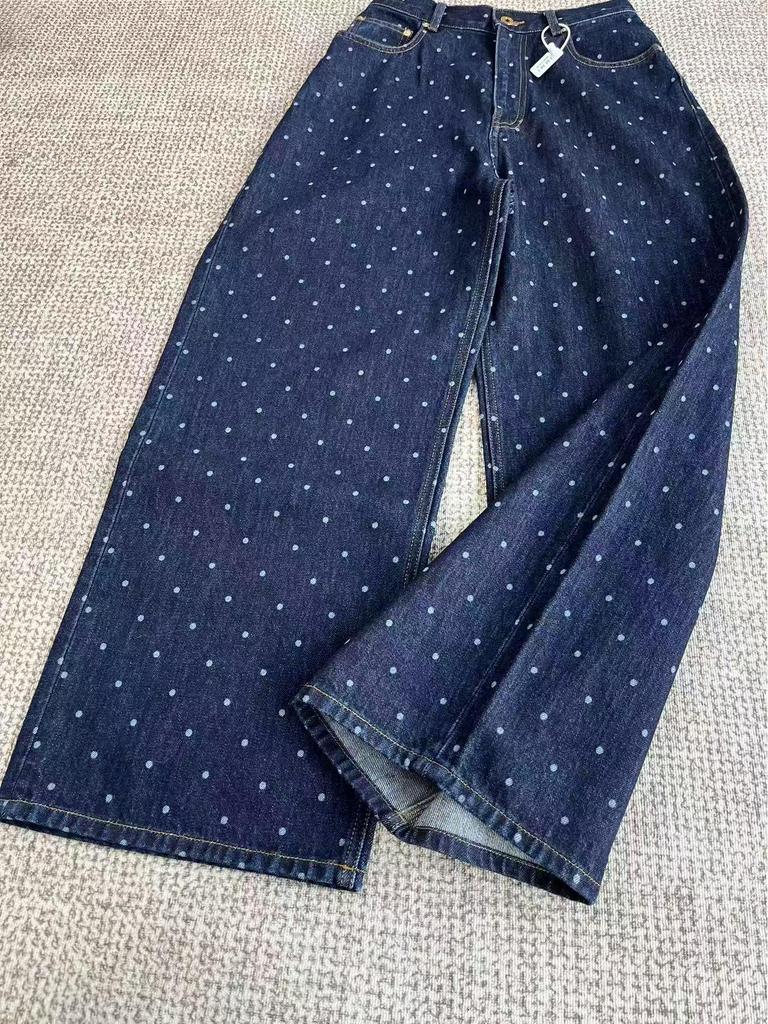 IM2026 Women's High-Waisted Retro Polka Dot Leather Bag Jeans - Slimming, Versatile Wide-Leg Long Pants